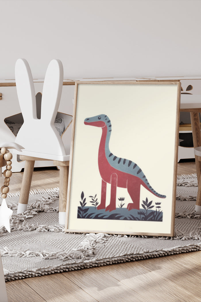 Modern stylized dinosaur illustration in a children's room setting as decor poster