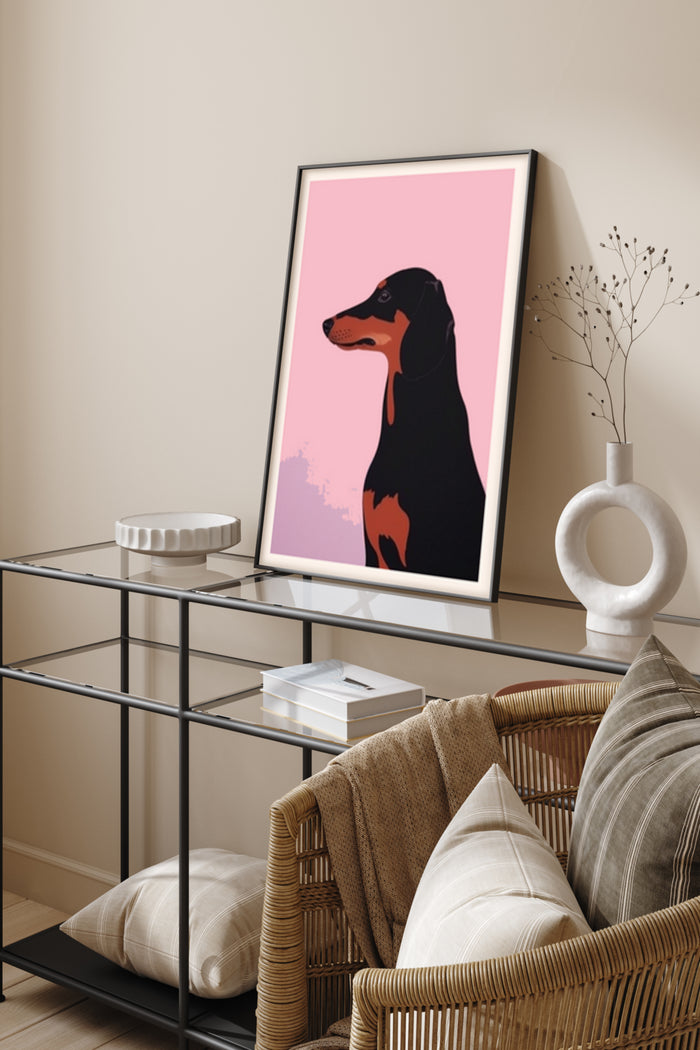 Minimalist modern art style poster featuring a silhouette of a Doberman on pink background in home interior