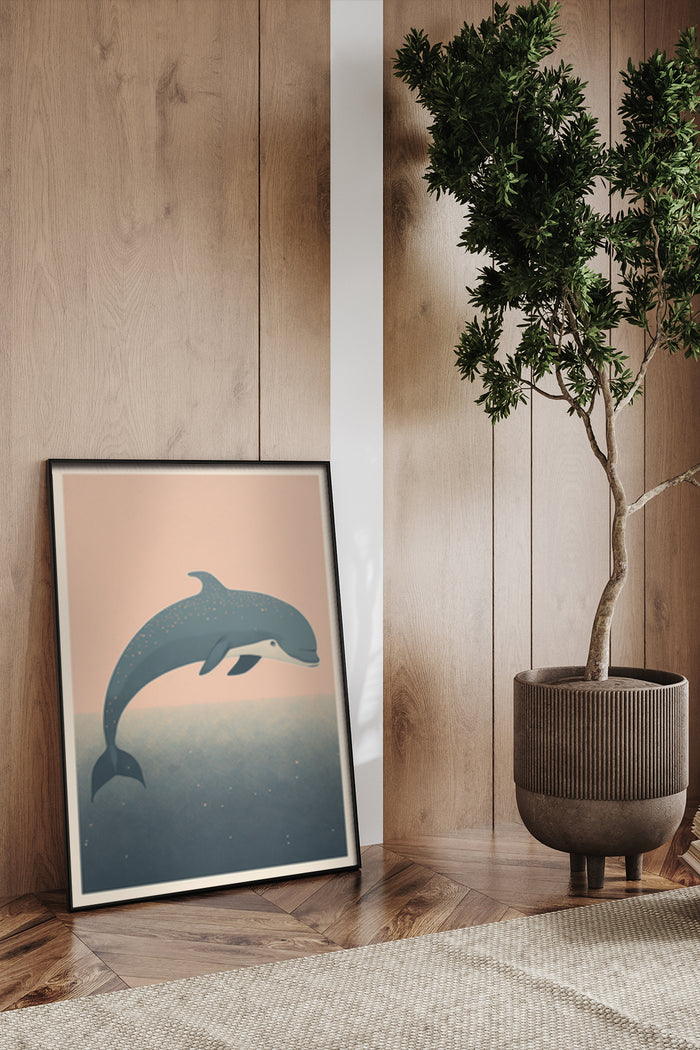 Contemporary graphic art poster of a dolphin swimming, showcased on wooden floor near a potted plant