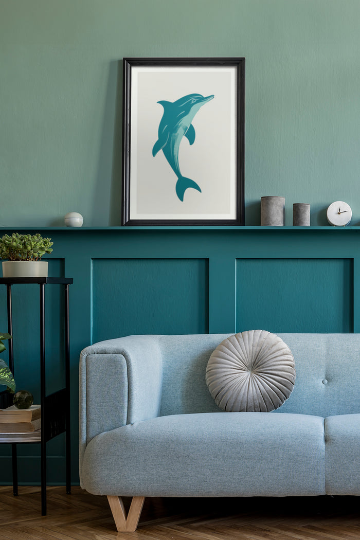 Stylish framed poster of a dolphin artwork on a living room wall
