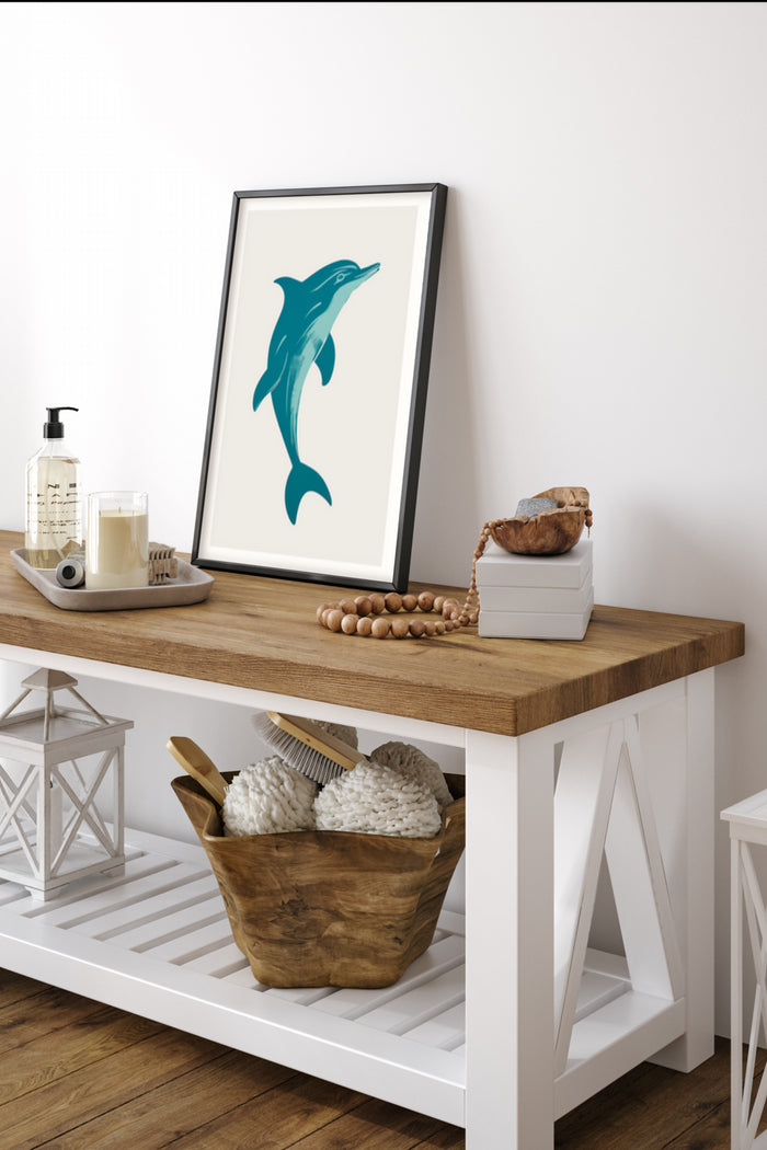 Stylish modern dolphin artwork poster in a contemporary home interior