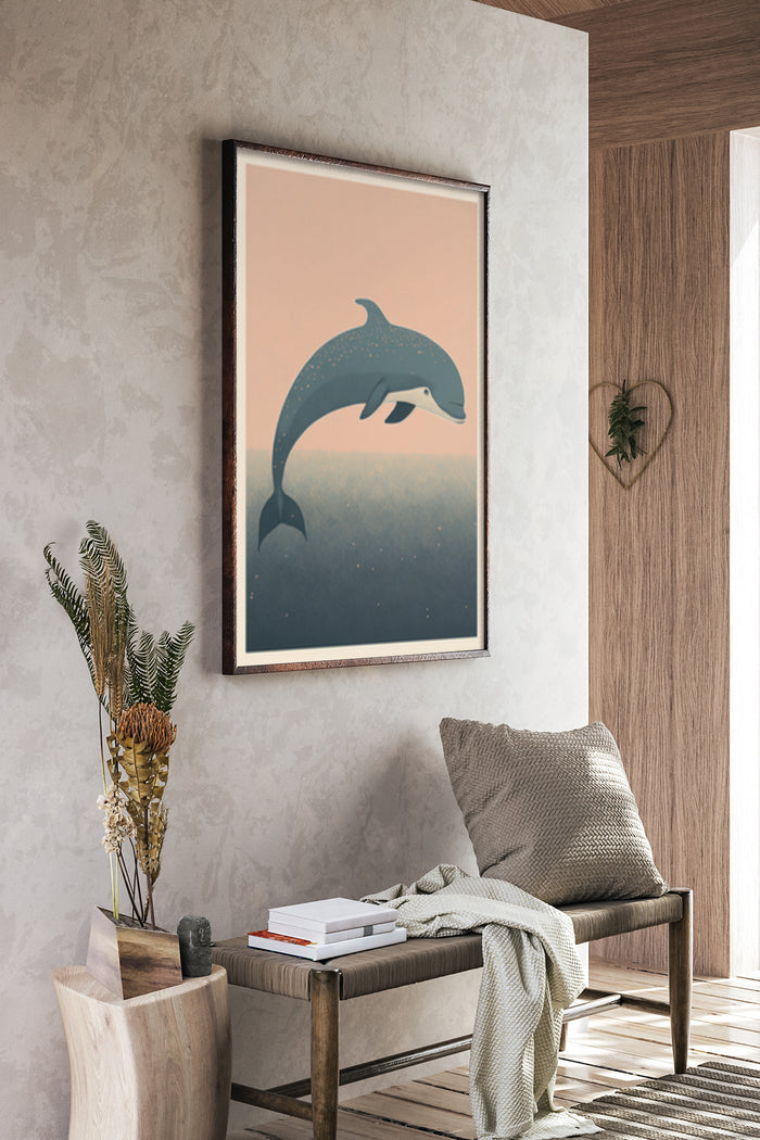 Contemporary dolphin illustration poster framed on a living room wall
