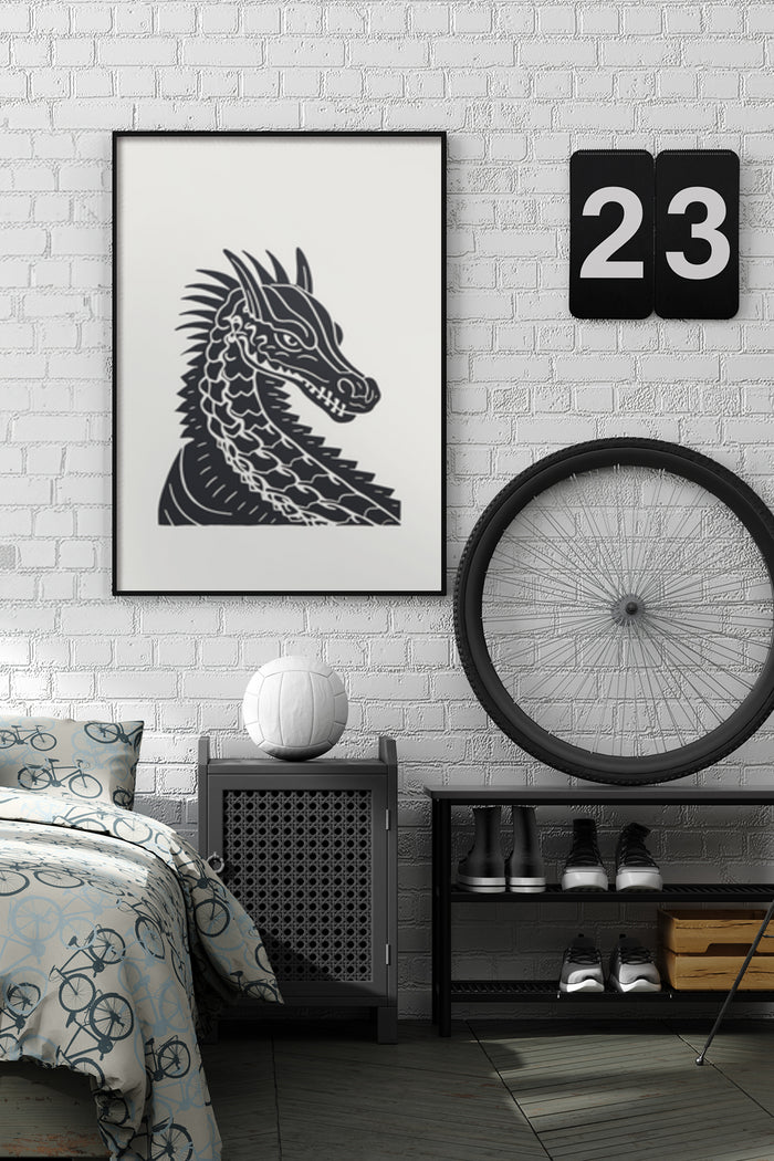 Stylish modern dragon artwork in a contemporary bedroom setting with white brick wall