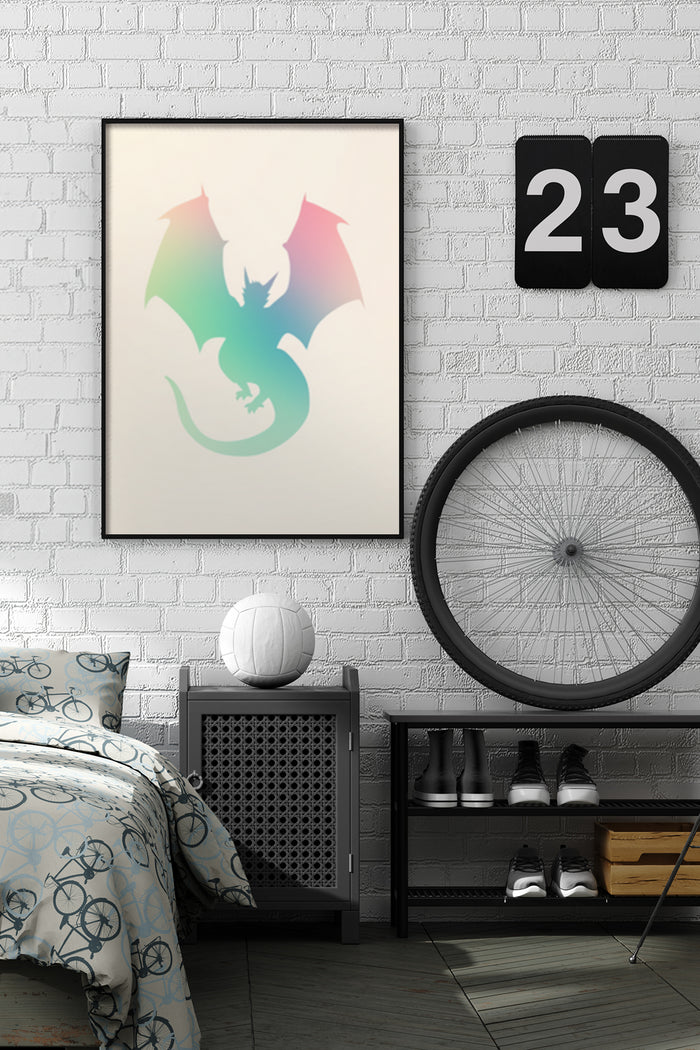 Stylish modern dragon illustration wall poster in contemporary bedroom setting