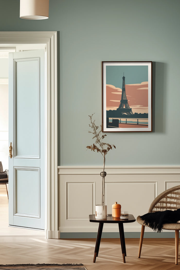Stylish modern poster of the Eiffel Tower in a well-decorated interior room