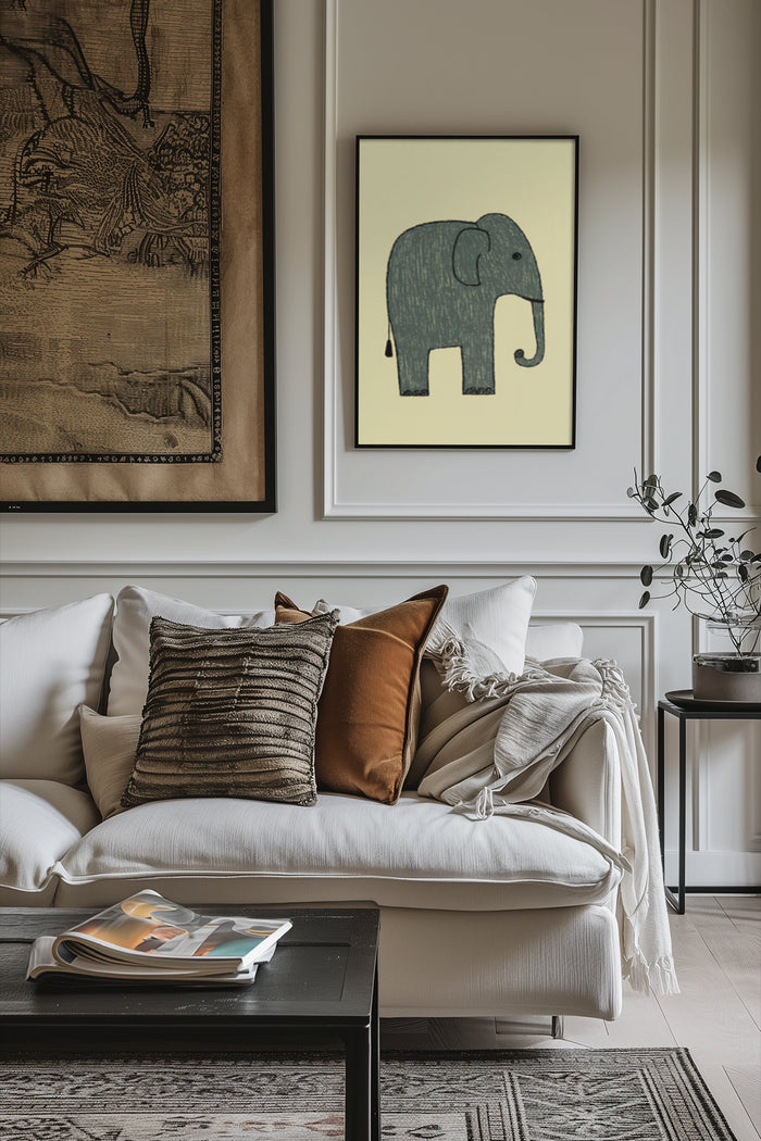Contemporary living room showcasing comfortable white sofa with decorative pillows and a framed elephant artwork on the wall