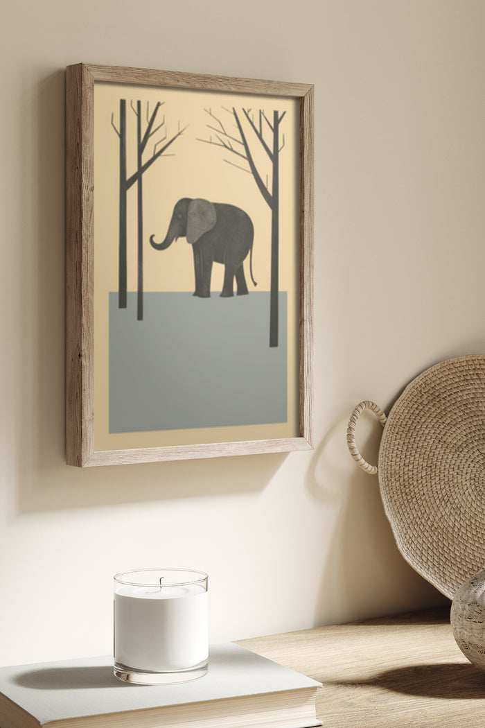 Modern minimalist elephant artwork in rustic wooden frame displayed on wall