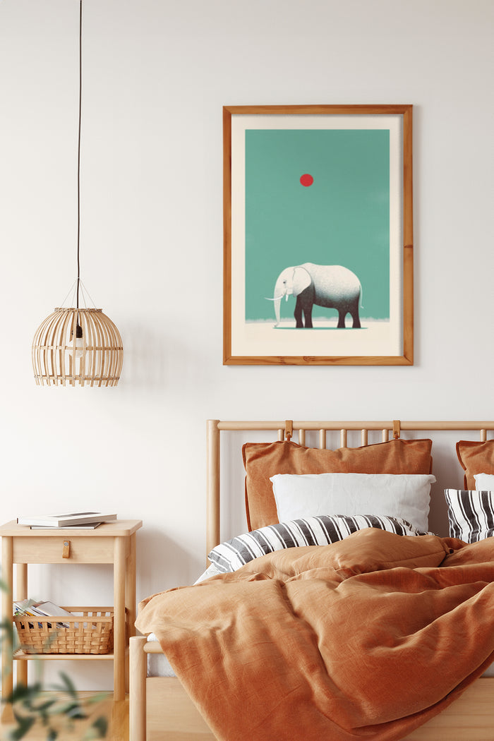 Stylish modern elephant artwork with red balloon in poster frame above bed