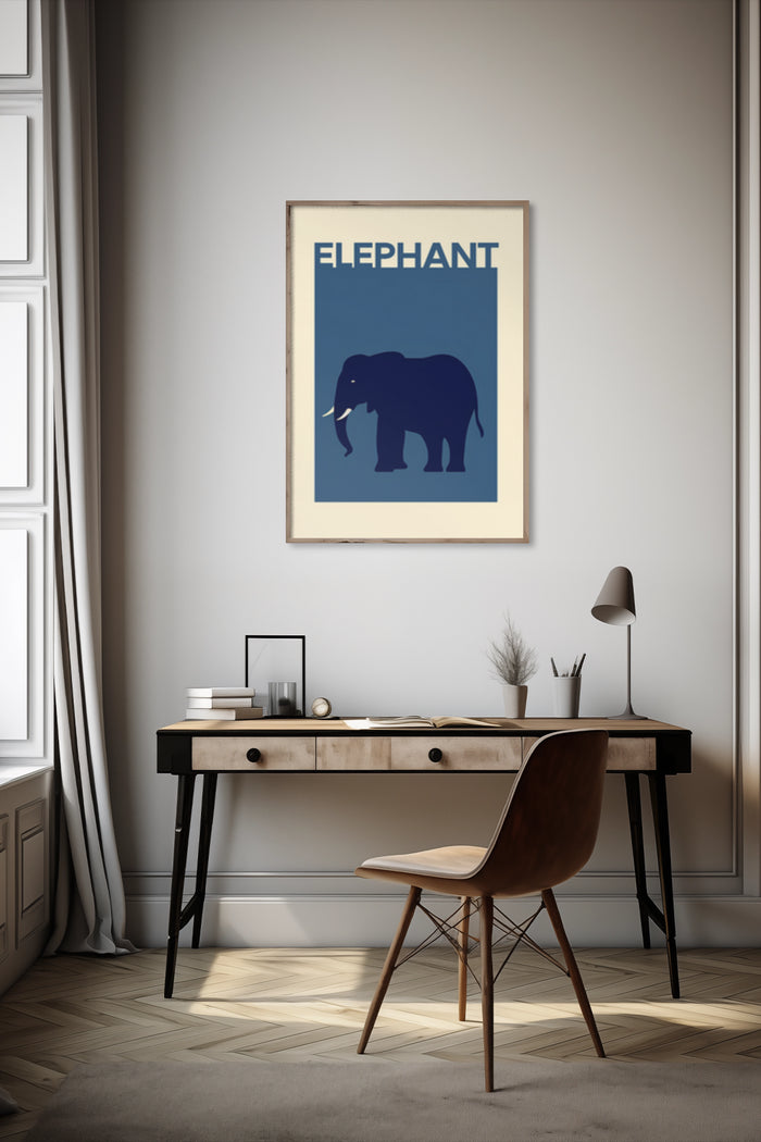 Contemporary blue elephant artwork poster on wall above stylish wooden writing desk with chair in modern interior setting