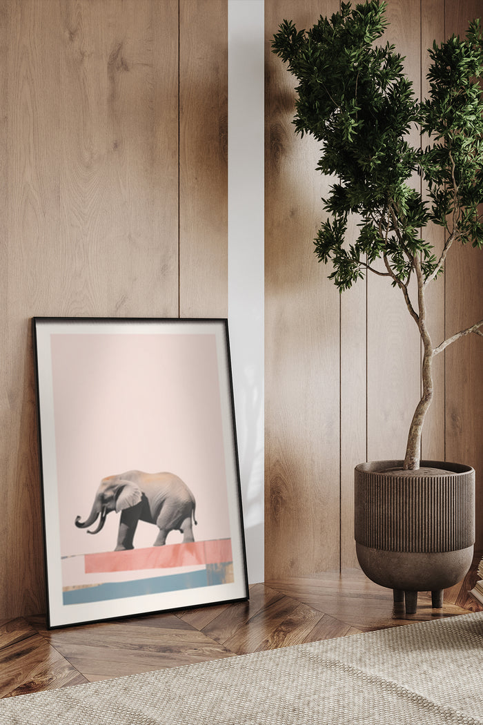 Minimalist elephant artwork poster standing in a modern living room setting