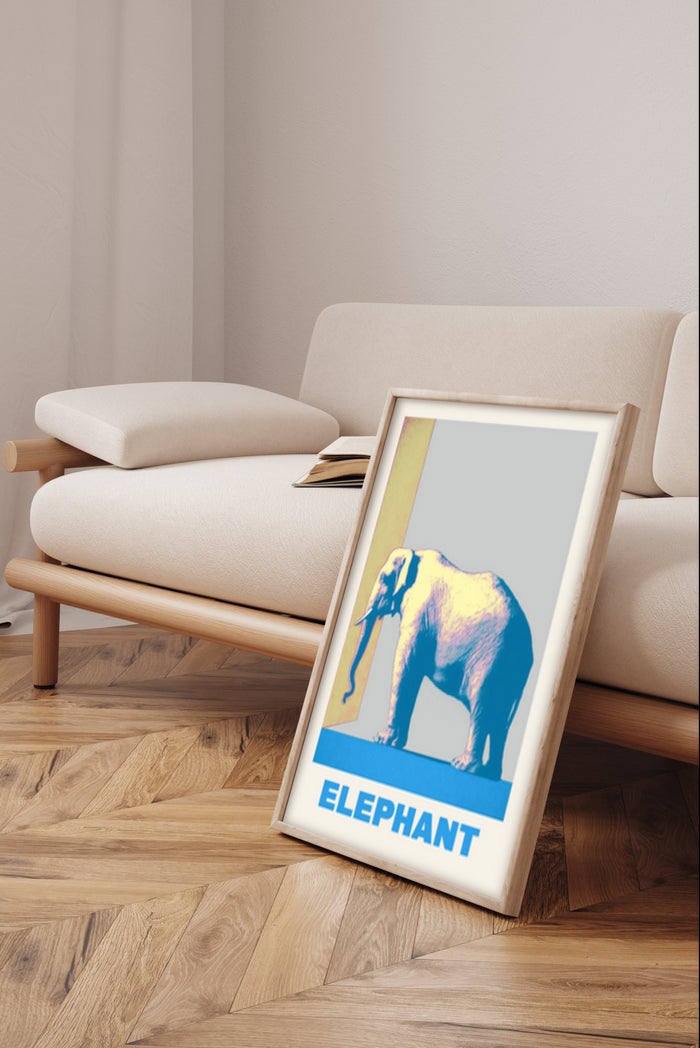 Contemporary blue and yellow elephant poster artwork in a modern living room setting