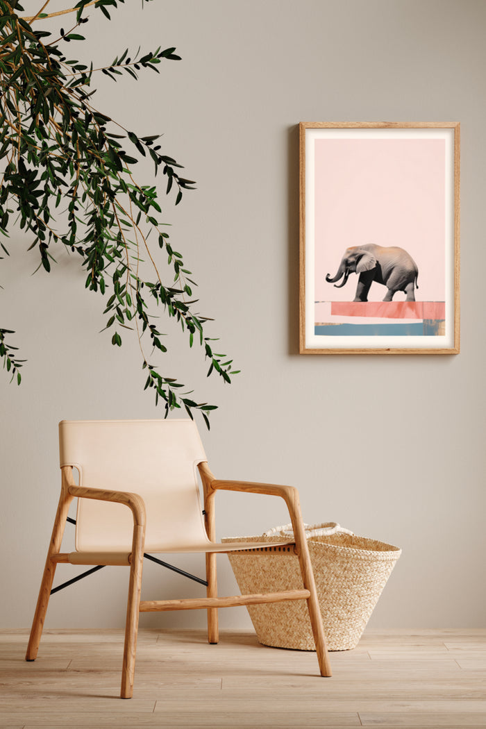 Minimalist elephant artwork in stylish interior setting with wooden armchair and woven basket