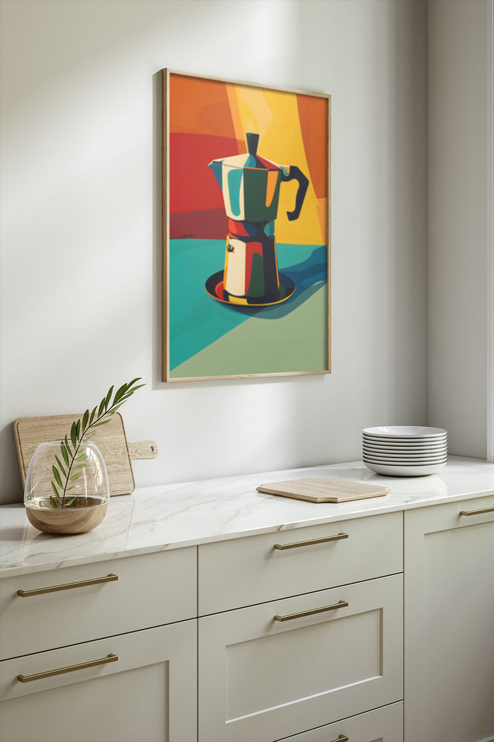 Modern colorful artwork of an espresso maker hanging in a kitchen setting
