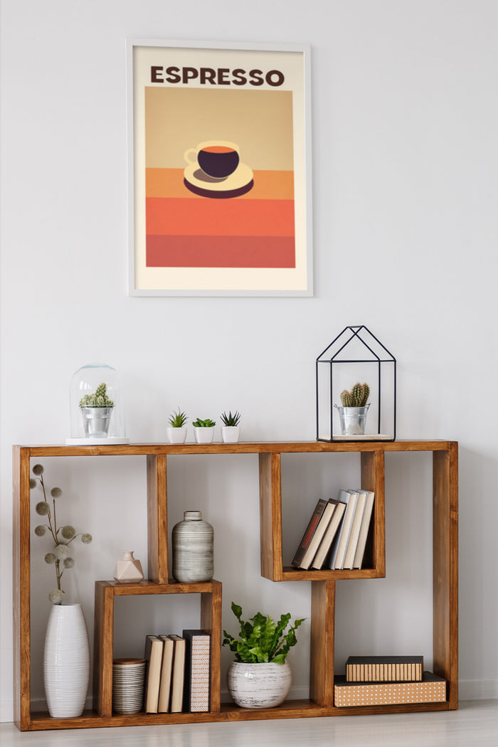 Minimalist Espresso Coffee Poster Art Displayed in Stylish Home Interior on Wooden Shelf