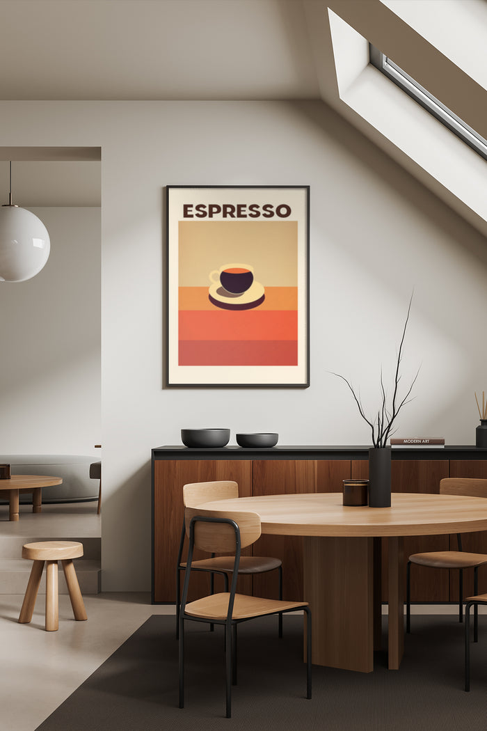 Modern minimalistic espresso coffee poster in a contemporary cafe setting with warm wooden furniture