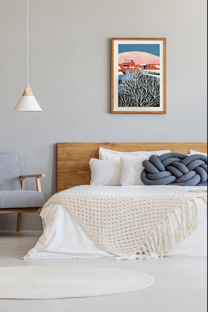 Contemporary bedroom interior with modern farmhouse artwork, chic knit blanket, and stylish chair