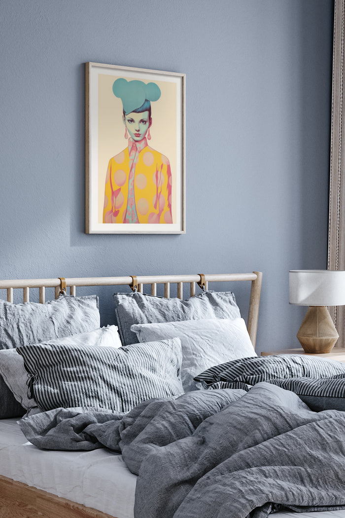 Stylized modern fashion artwork poster with colorful abstract design displayed in a cozy bedroom setting