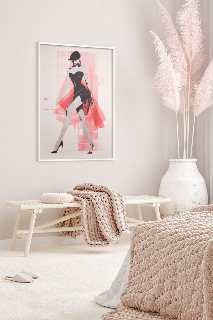 Stylish fashion illustration poster in modern bedroom setting with cozy home decor