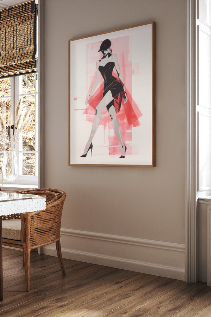 Modern fashion poster artwork with elegant female figure in stylish home interior