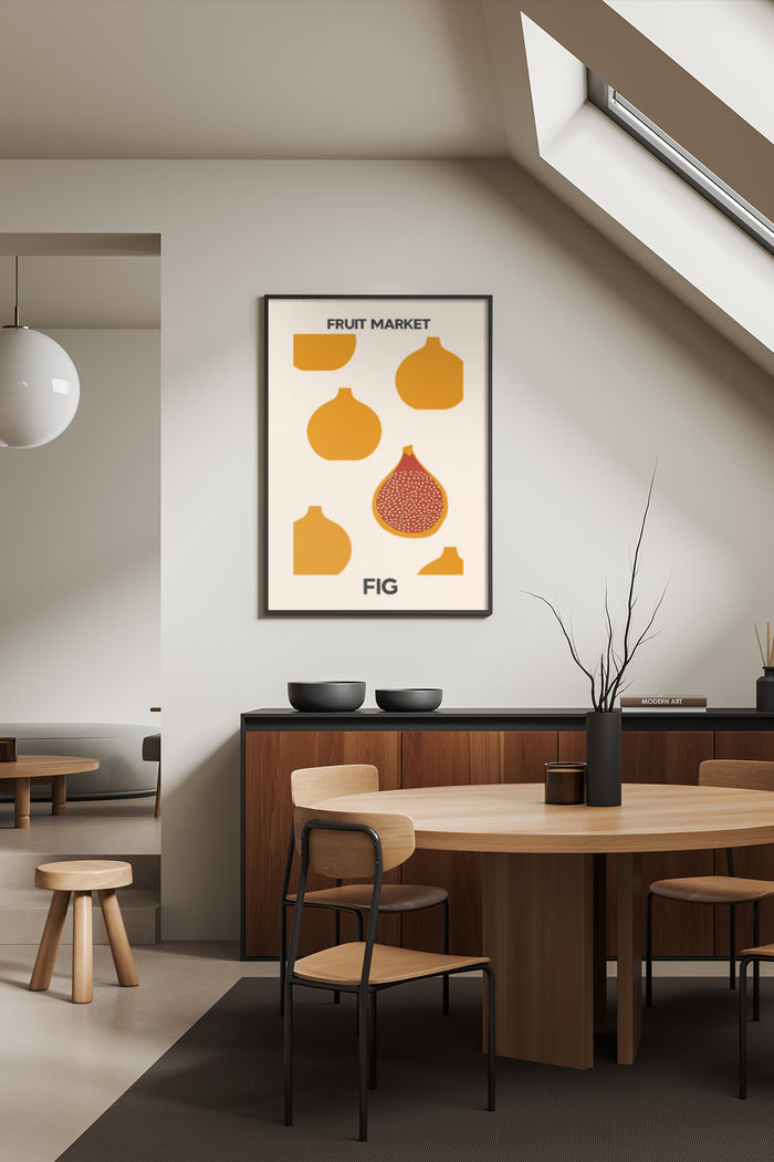 Contemporary fruit market fig poster artwork displayed in a modern dining room setting