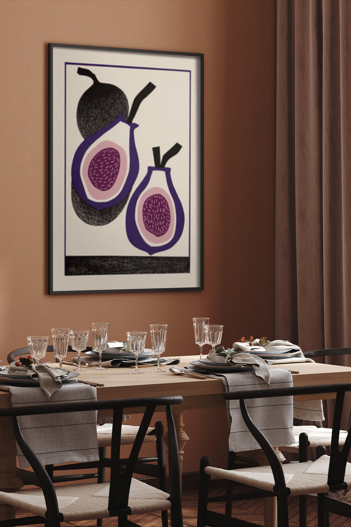 Contemporary fig fruit illustration poster as dining room wall decoration in a stylish interior setting