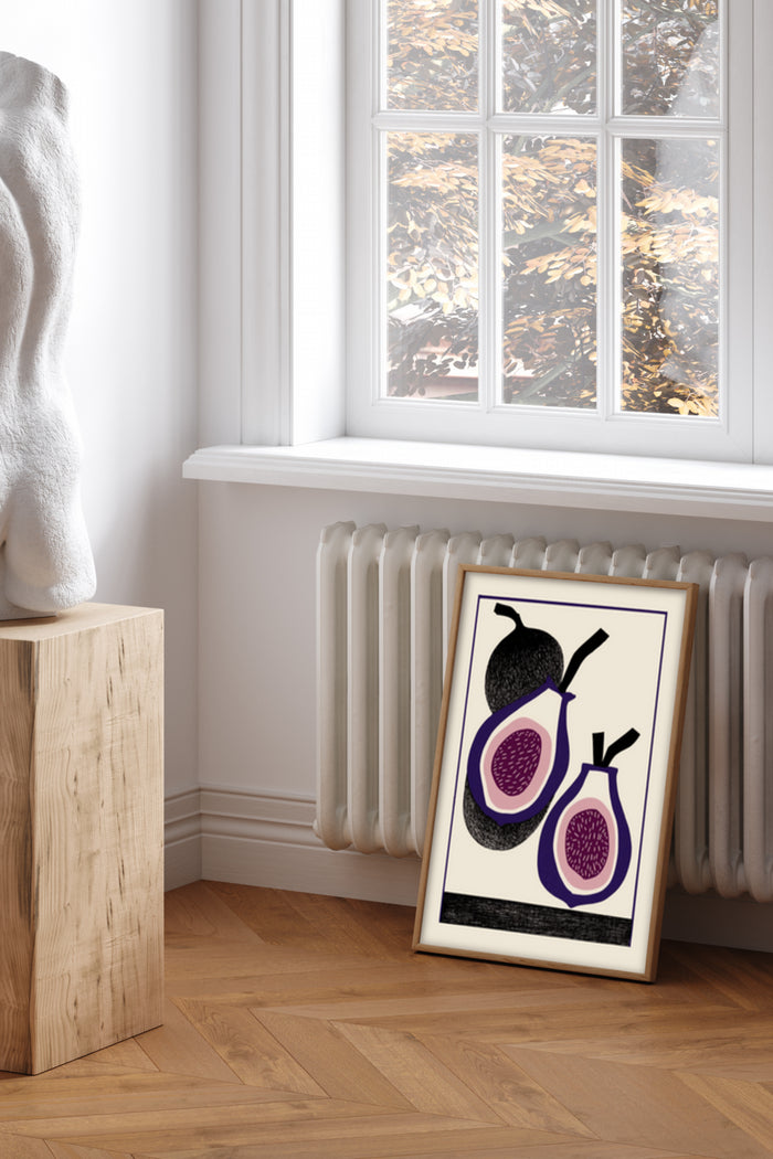Stylish fig artwork poster leaning against the wall in a contemporary room setting