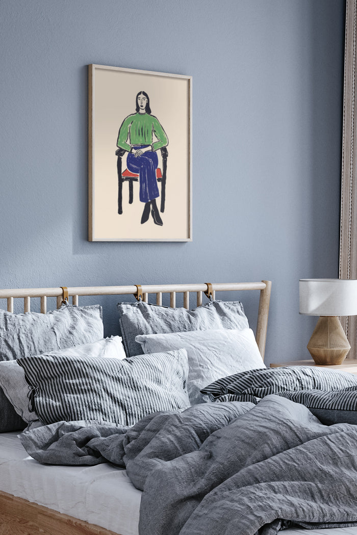 Abstract modern figurative art poster framed on bedroom wall