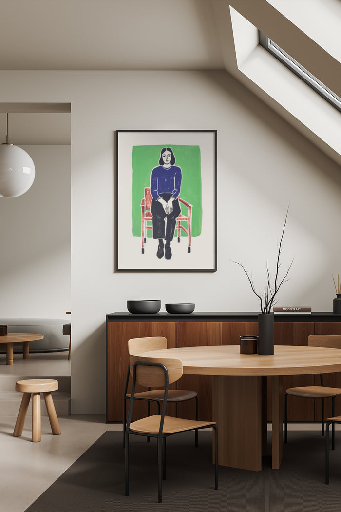 Contemporary modern art painting of a seated figure displayed in a stylish dining room