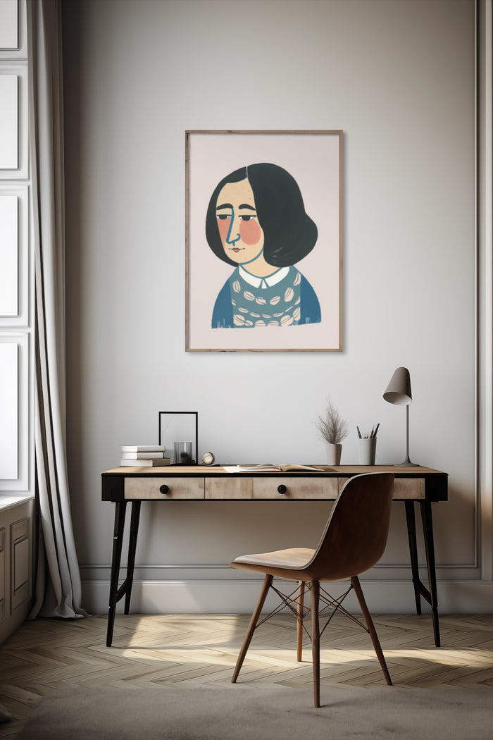 Contemporary Figurative Art Poster Mounted Above Wooden Desk in Stylish Interior
