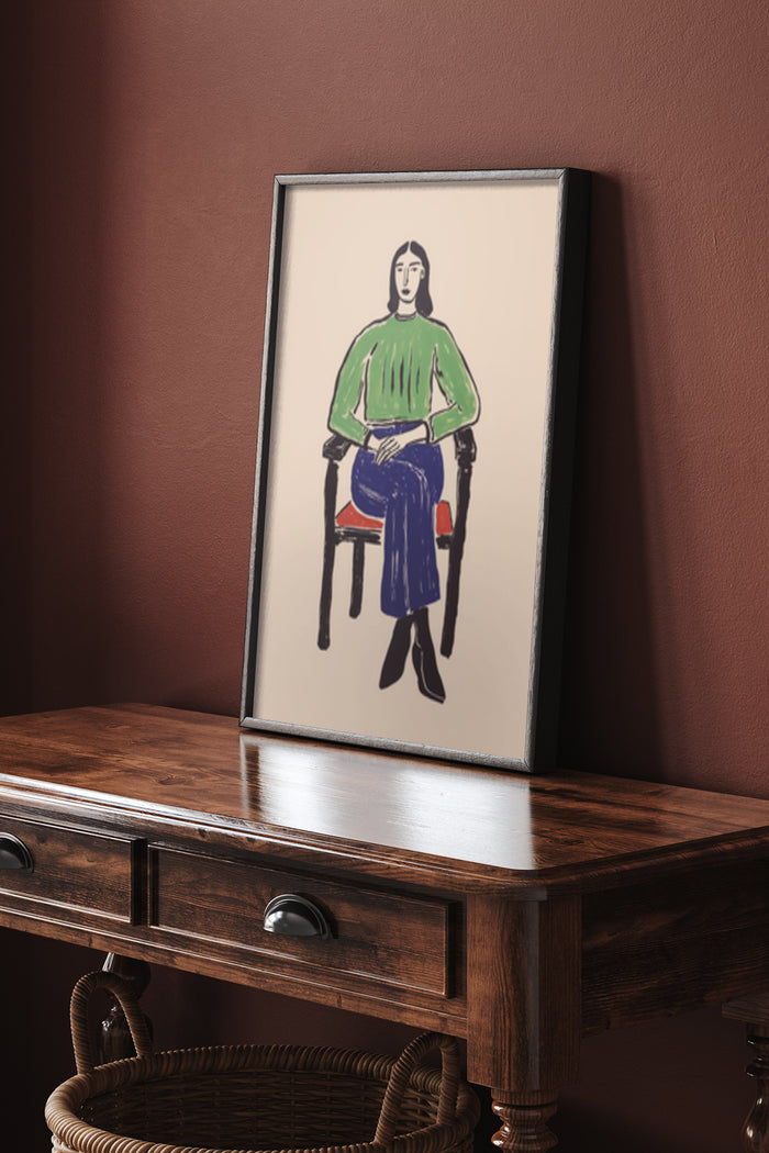 Modern stylized figure painting in a frame placed on a wooden sideboard against a dark wall, interior home decor