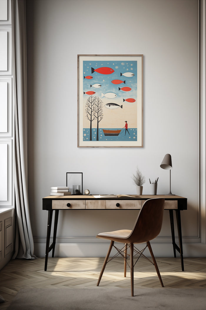 Contemporary art poster with fish and a person in boat illustration, placed above a desk in modern home office decor