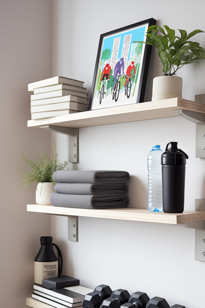 Stylish home gym with mounted shelves, cycling illustration poster, books, houseplant, folded towels, water bottle, and dumbbells