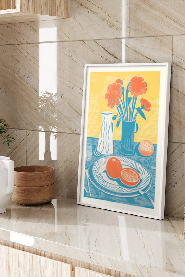 Modern floral art poster with oranges in vase on a decorative plate in stylish interior