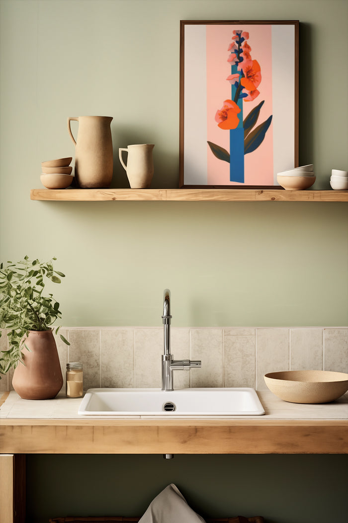 Elegant kitchen interior with modern floral art poster on shelf, ceramic pottery and wooden details