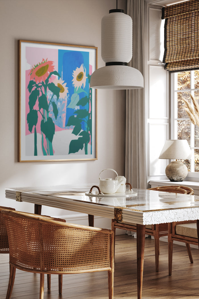 Contemporary floral art poster featuring sunflowers in a modern home interior setting