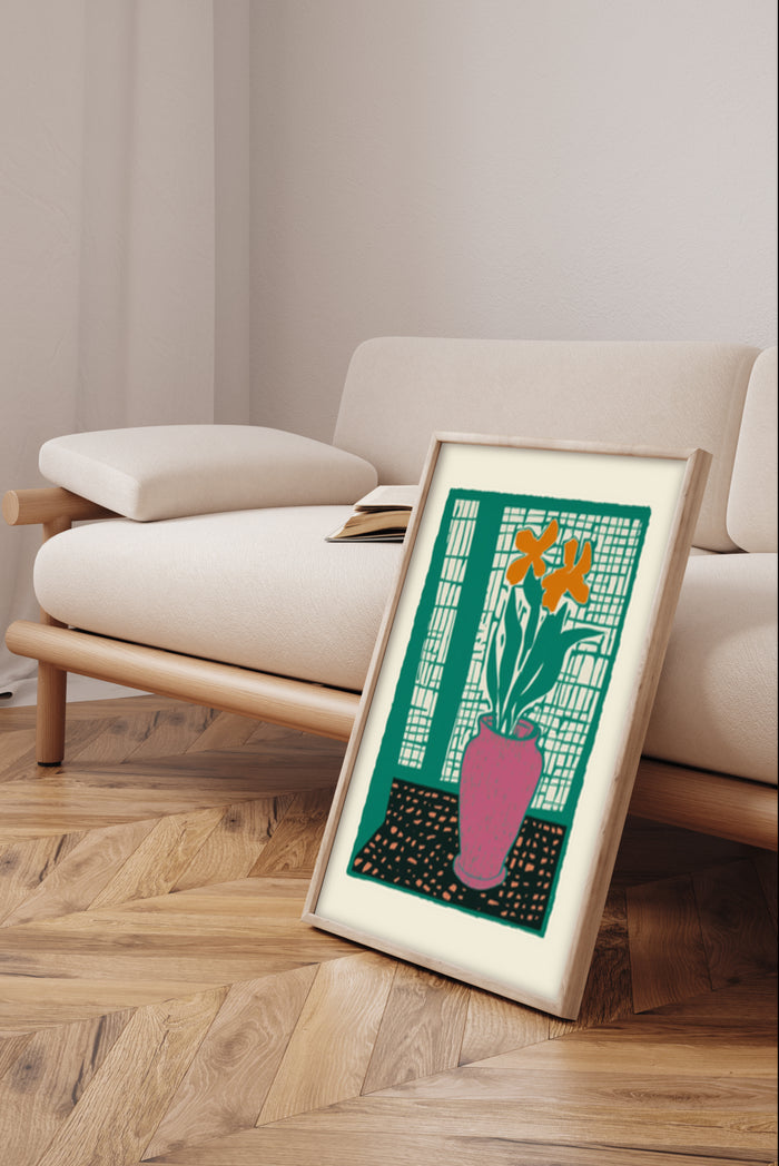 contemporary-floral-poster-framed-near-mid-century-modern-sofa