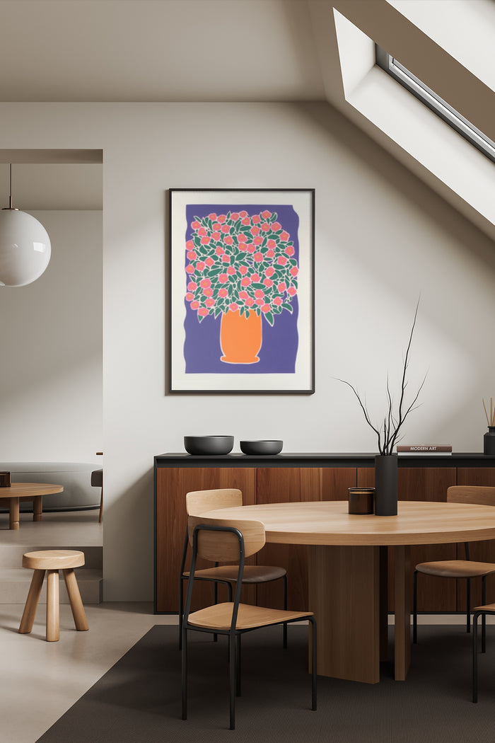 Modern Floral Art Poster with Orange Vase in Stylish Dining Room