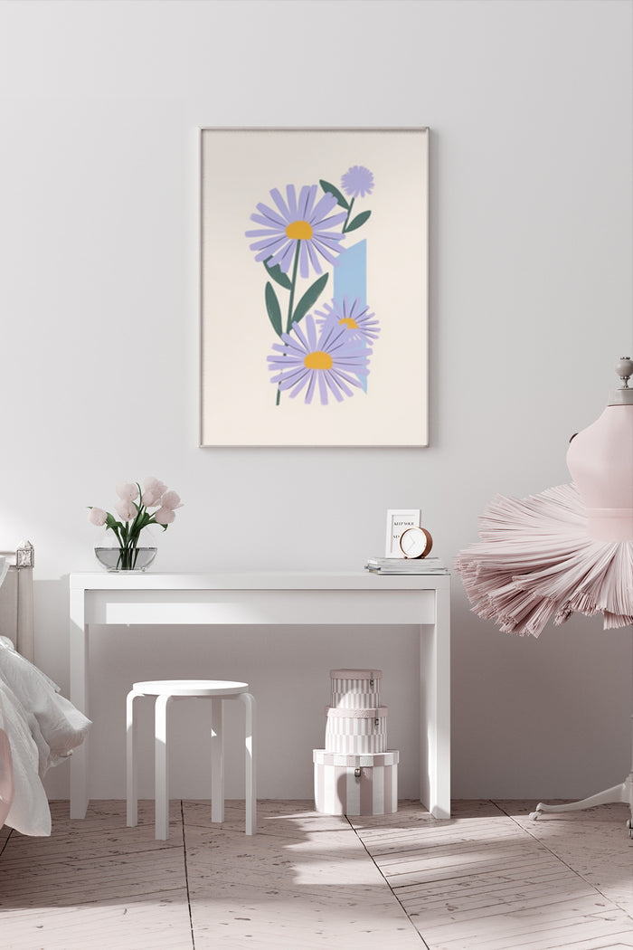 Contemporary purple daisy floral artwork poster displayed above a white desk in a stylish bedroom setting