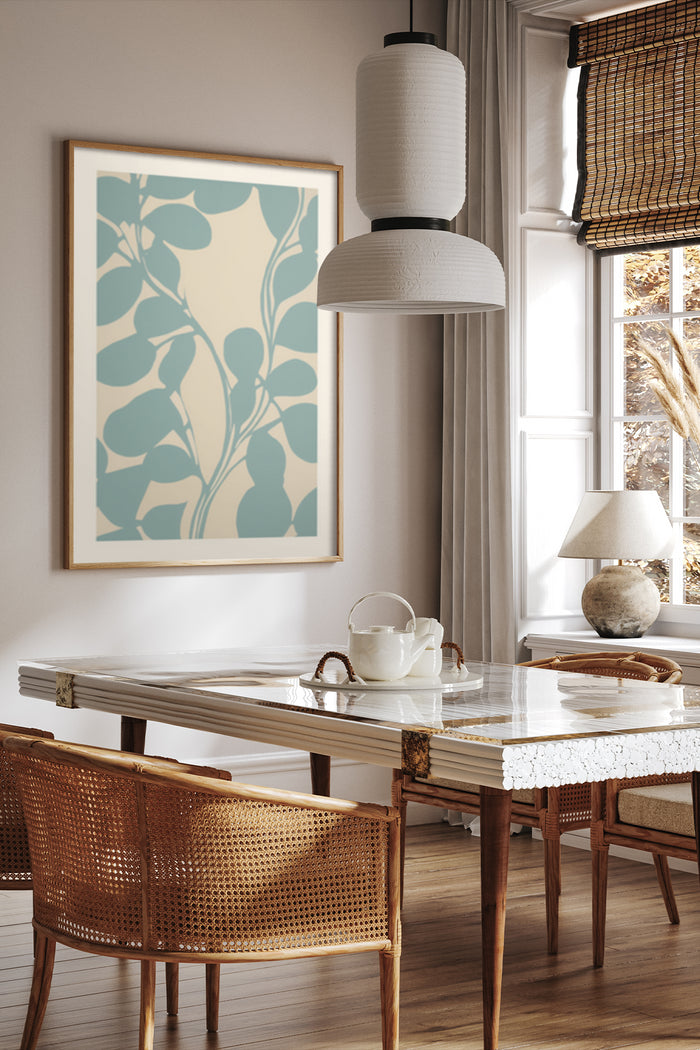 Modern blue and beige floral artwork poster framed in a dining room interior design
