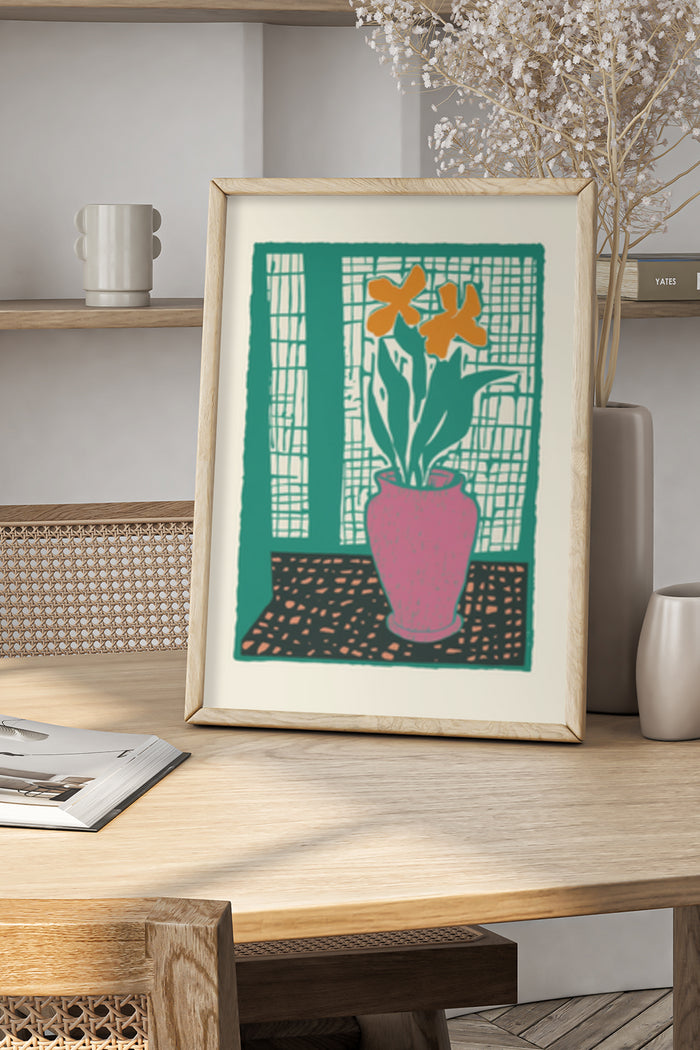 Modern framed poster featuring abstract floral design with vibrant colors