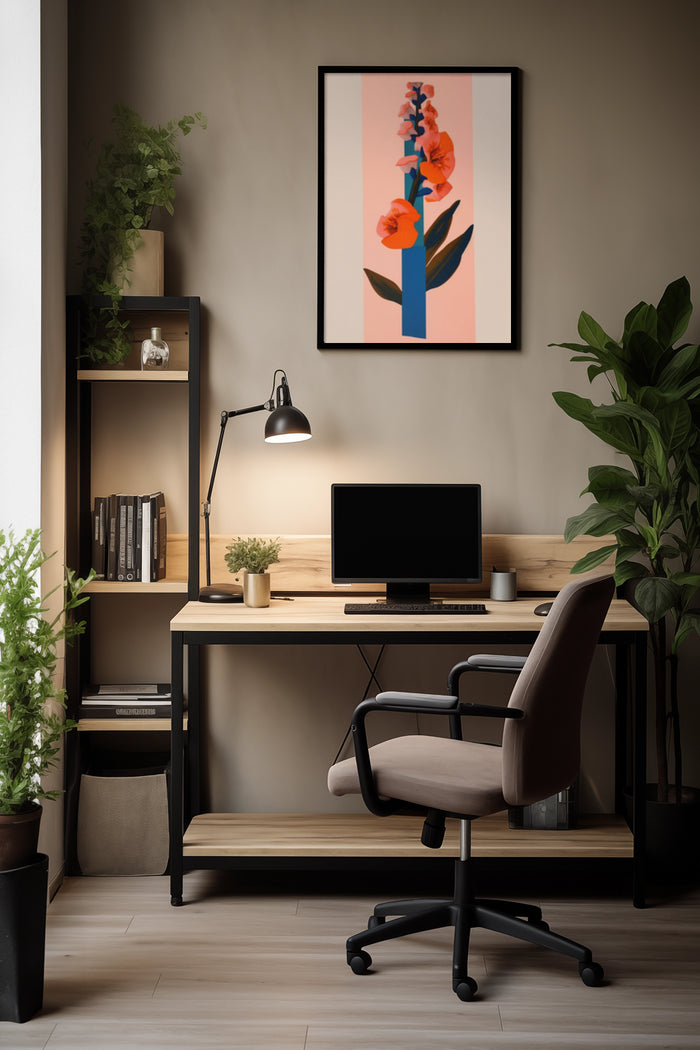 Stylish modern floral artwork poster mounted on wall above computer desk in contemporary home office design