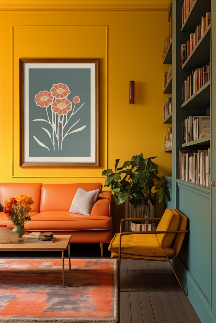Contemporary floral poster in a stylish living room with mustard walls and orange sofa