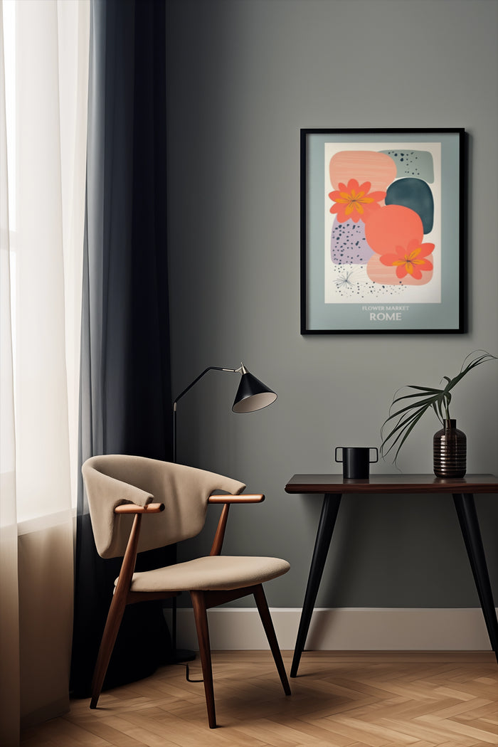 Stylish interior with modern Flower Market Rome poster artwork framed on wall above wooden chair with lamp and table
