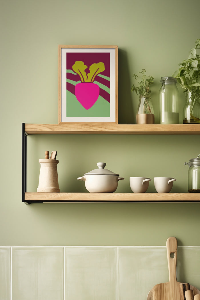 Contemporary beetroot art poster in kitchen setting with wooden shelf and ceramic utensils