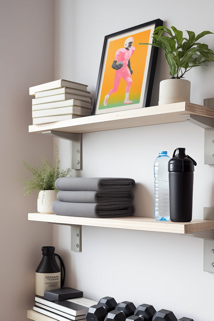 Contemporary football player illustration poster displayed on a shelf in a stylish home gym setting
