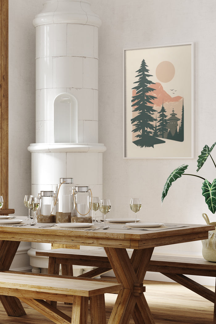 Stylish dining room interior with modern forest sunset poster on the wall