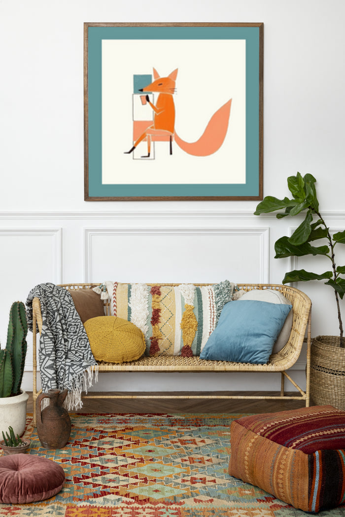 Stylish modern fox artwork framed on the wall of a cozy living room with decorative pillows and plants