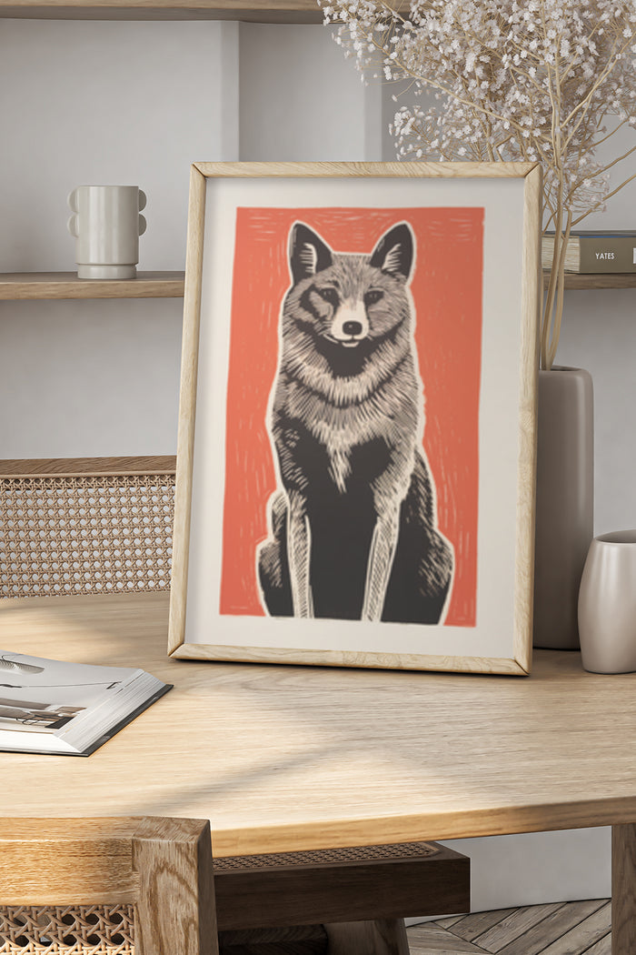 Modern stylized fox artwork poster in a contemporary home setting