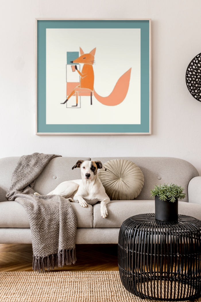 Stylish fox illustration poster framed on the wall in a cozy living room interior design