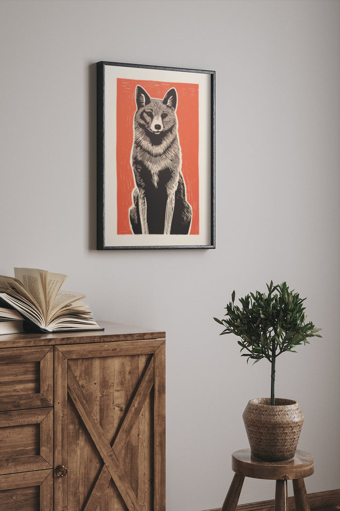 Stylish modern fox artwork poster framed on a wall with wooden furniture and indoor plant decor